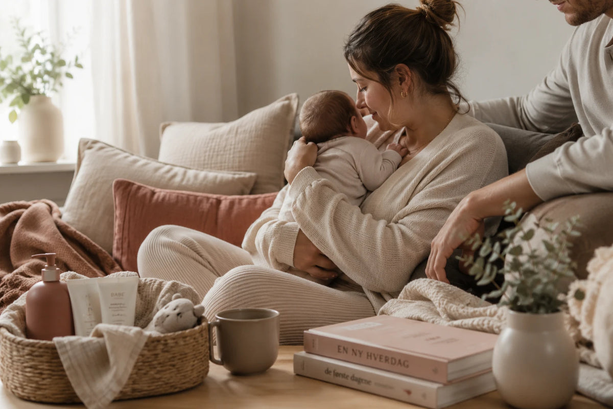 Mamma holder en nyfødt i sofaen, med pleieprodukter og bøker på bordet